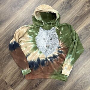 Vtg Jon Lauren Hoodie Sweatshirt Tie Dye Wolf Nature Outdoors Grunge Size L